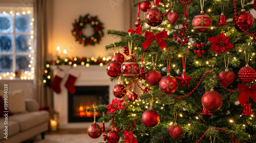 Christmas tree with red ornament and warm light in cozy living room