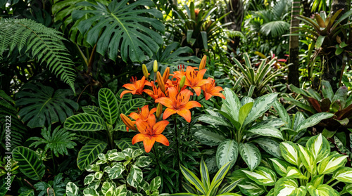 Orange lily flowers tropical garden lush green foliage, orange flower cluster in dense botanical landscape
