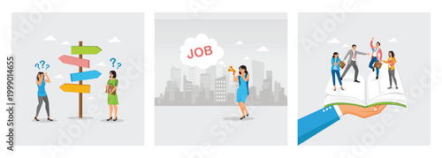 Make decision choosing path. Announces Job Opportunity. Handbook with Diverse Employees.