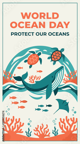 Stylized infographic poster design illustrating vital marine ecosystems and advocating for comprehensive ocean conservation efforts to protect diverse aquatic wildlife