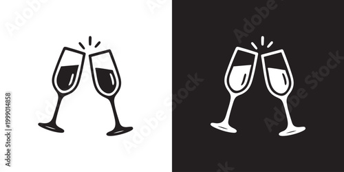Minimalist Champagne Toast Icon with Clinking Flutes and Splash Lines in Black and White