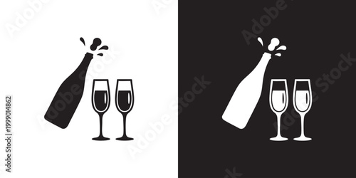 Minimalist Champagne Celebration Icon with Popping Bottle and Filled Glasses in Black and White
