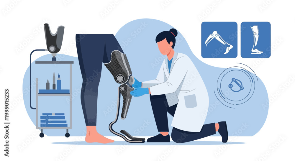 Fototapeta premium Prosthetist fitting advanced robotic prosthetic leg on patient, modern medical technology