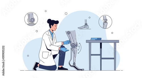 Prosthetist adjusts advanced prosthetic leg, demonstrating biomechanics and medical innovation