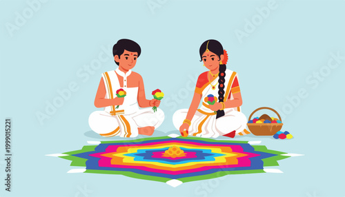 Two children dressed in traditional Indian attire performing a colorful rangoli art craft on the ground
