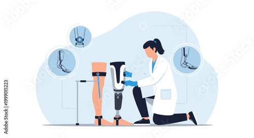 Prosthetist fitting advanced prosthetic leg on patient, medical technology illustration
