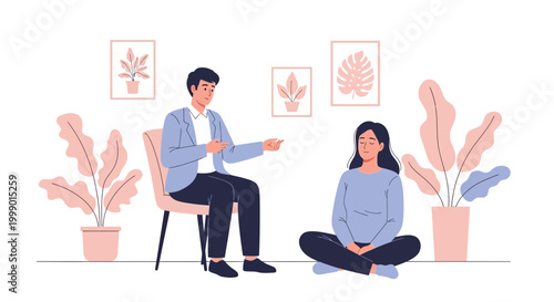 Psychologist counseling patient in a calm, modern office with plants