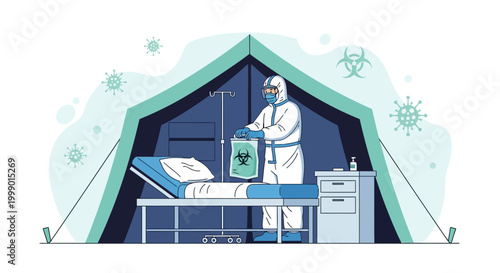 Quarantine tent with patient and medical worker in hazmat suit, biohazard symbols
