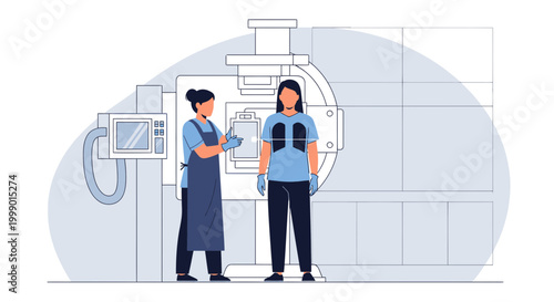 Radiologist performing chest x-ray on patient with modern medical equipment in clinic