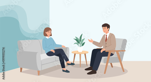 Psychologist session, therapist talking to patient in cozy office, mental health support