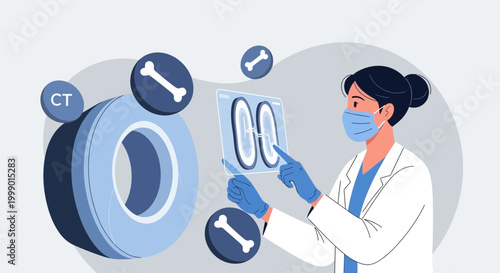 Radiologist examining CT scan of bones with medical equipment and icons