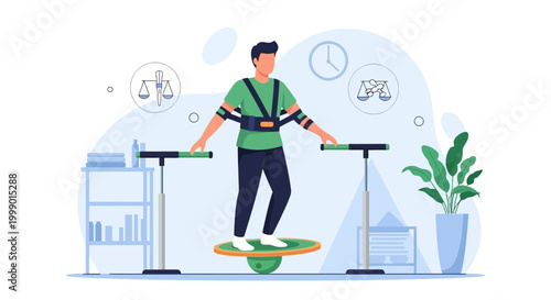 Rehabilitation and Balance Training: Man on Balance Board with Physical Therapy Equipment
