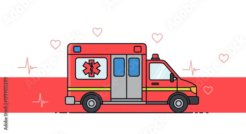 Red Ambulance with Star of Life, Medical Emergency Vehicle, Heartbeat Line Background