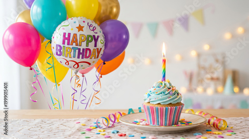 Birthday balloon cupcake with candle on table for party celebration