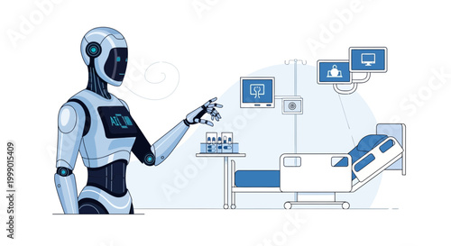 Robot Assistant in Hospital Room with Medical Equipment and Patient Bed
