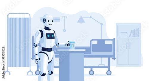 Robot nurse in hospital room, assisting with medical care and technology