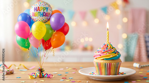 Birthday balloon and cupcake on table for party celebration