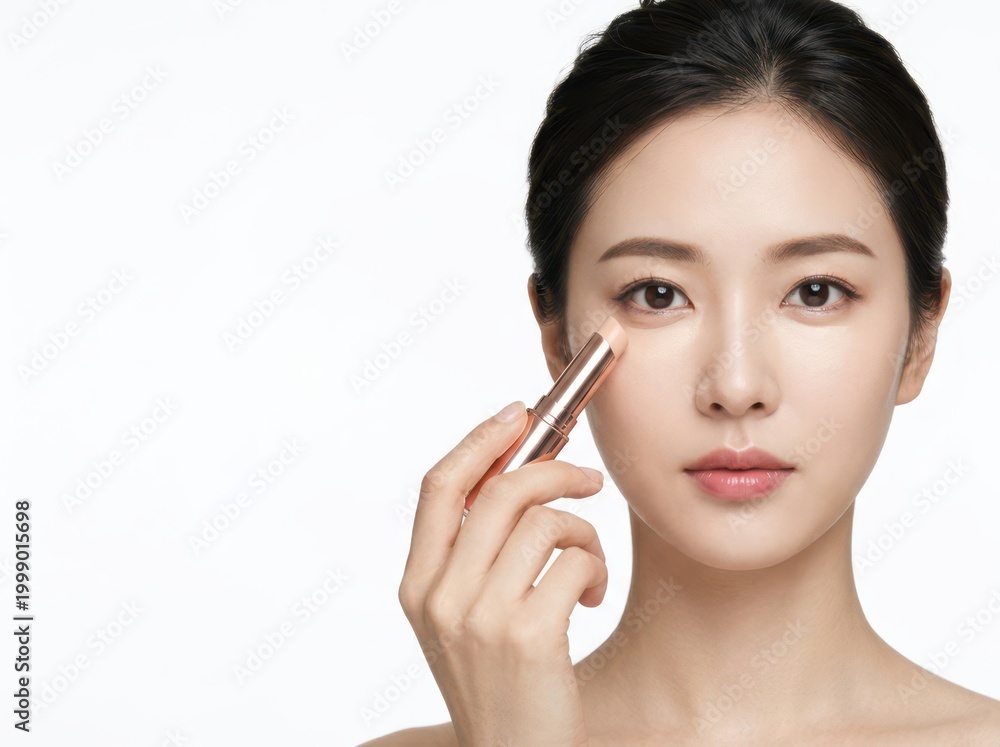 Fototapeta premium A woman applying makeup, highlighting skincare routine, with a focused expression, minimalistic style.