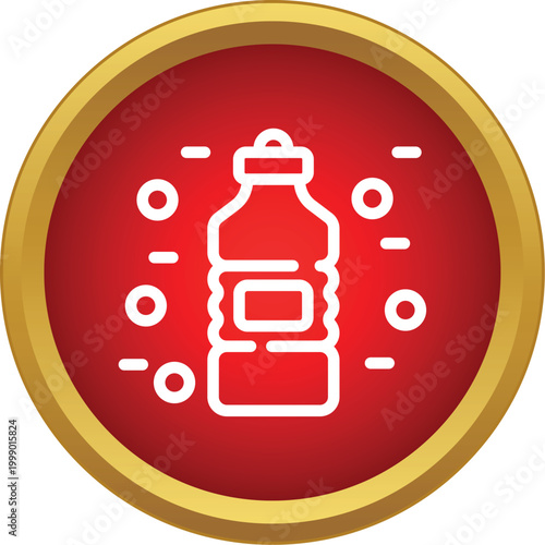 Cleaning liquid bottle and bubbles inside a gold ringed red circle