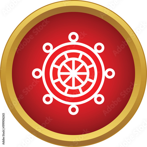 Dharmachakra symbol on a red and gold button representing buddhism and spiritual guidance