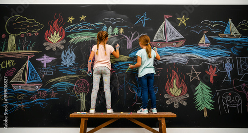 Two young girls drawing with colorful chalk on a large blackboard. Children standing on a bench creating a mural of boats and nature. Creativity, childhood art, and school classroom concept.