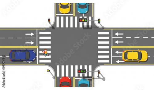 Schilderij op canvas Top view road safety vector with pedestrian crossing traffic lights and cars int
