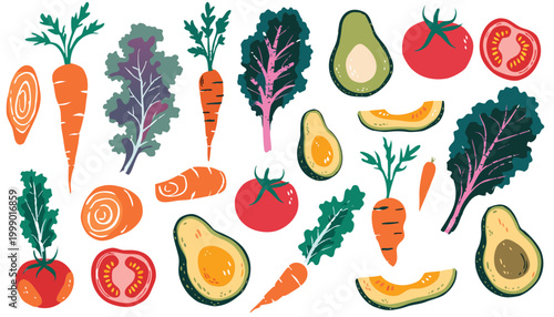 Hand-drawn vector set of organic vegetables carrots, kale, avocado, and tomatoes. Soft watercolor texture, flat design, vibrant natural colors, isolated on white. svg