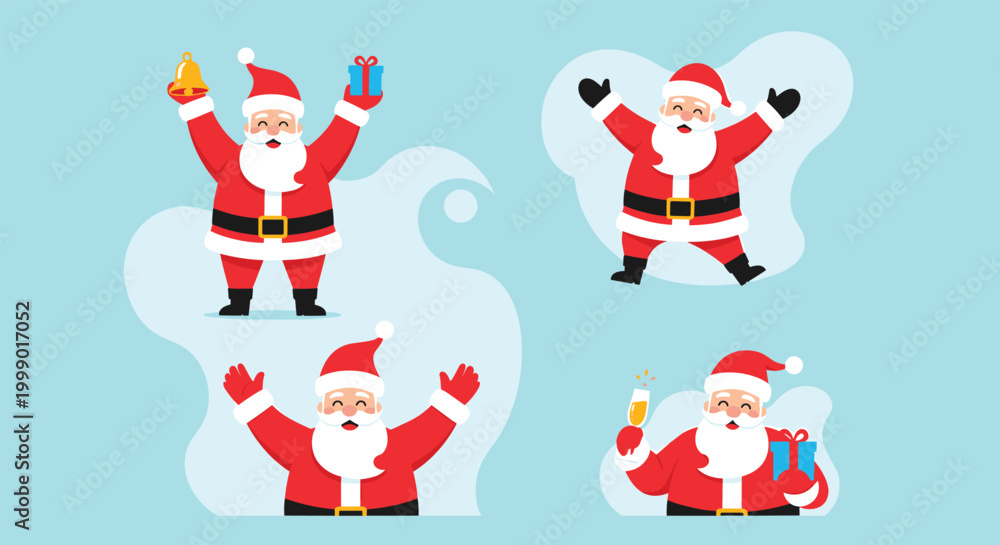 Fototapeta premium Set of four cheerful Santa Claus characters in various festive poses holding gifts, a bell, and a glass of champagne.