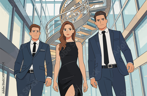 Three Business Professionals Walking in Modern Office Atrium