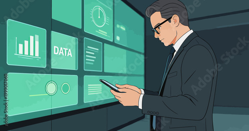 Professional Businessman Reviewing Data on Mobile Device and Digital Dashboard