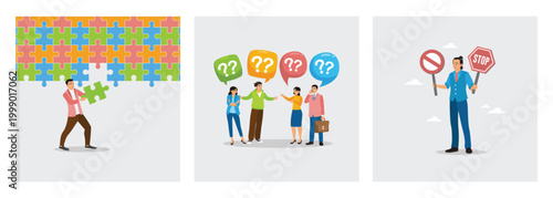 Complete last missing puzzle piece. Employee with questions bubbles. Stop Sign And No Entry Sign.