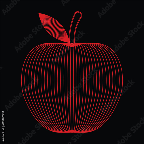 A striking digital rendering of a red apple constructed from vertical lines against a dark background creating a modern aesthetic