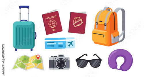 travel essentials icons on transparent background high quality