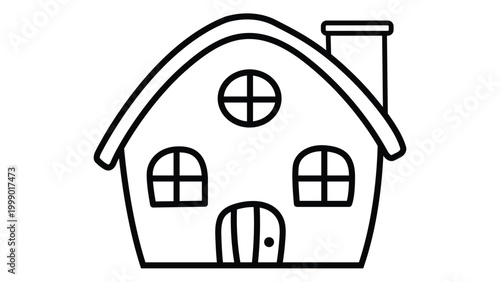 Charming hand drawn cottage illustration a whimsical black and white house with a curved roof and chimney