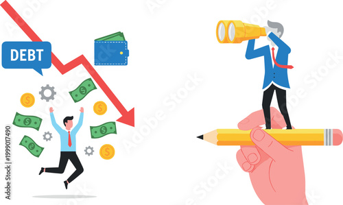 Debt Reduction and Financial Success Concept with Declining Debt, Money Symbols, and a Person Using Binoculars for Future Planning