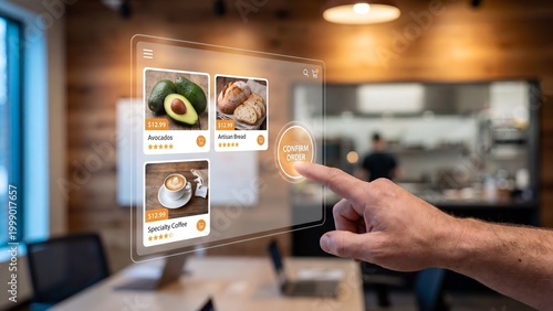 Hand interacting with a futuristic digital menu displaying food and drink options for ordering, showcasing modern technology in a restaurant setting