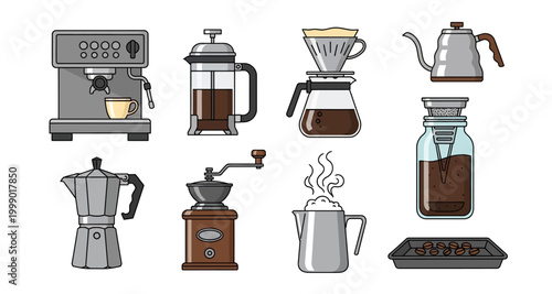 coffee brewing tools illustrated on transparent background