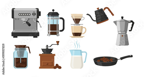 coffee brewing tools collection on transparent background