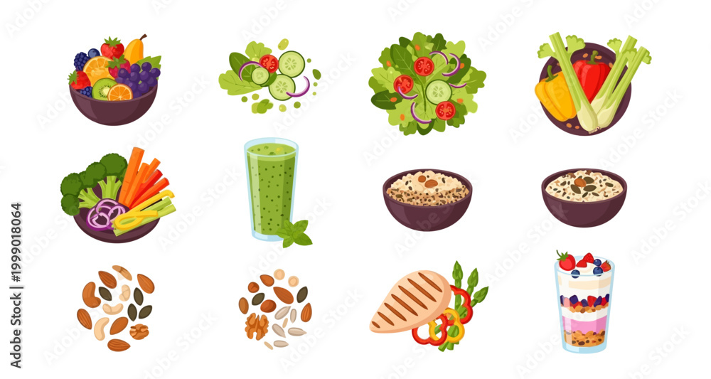 Fototapeta premium collection of healthy food icons on transparent background