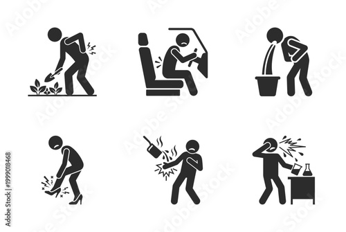 Black silhouette icons depicting various scenarios of people experiencing injuries or mishaps while performing daily tasks silhouette