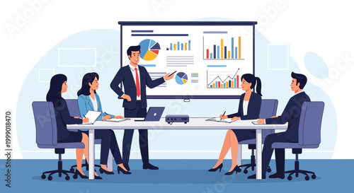 Business meeting with charts and graphs presentation on projector screen