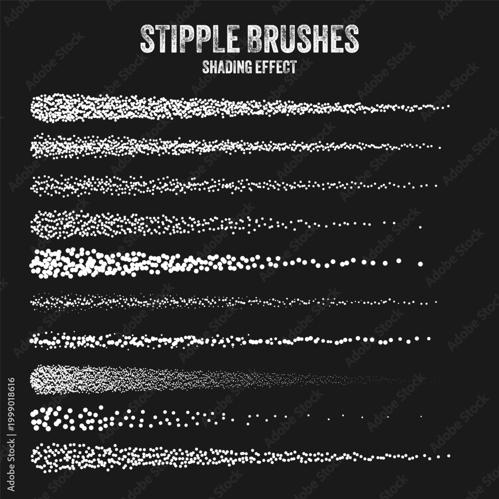 Obraz premium Ink scatter brush, stipple drawing and texturing. Fading gradient. Stippling, dotwork drawing, shading using dots. Halftone disintegration effect. White noise grainy texture. Vector illustration