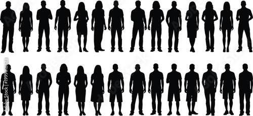 Large collection of diverse people silhouettes standing in casual and smart outfits featuring men and women for urban community lifestyle social group and human resource concepts.