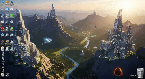 Futuristic Fantasy Cityscape with Mountains, Rivers, and Futuristic Architecture Wallpaper