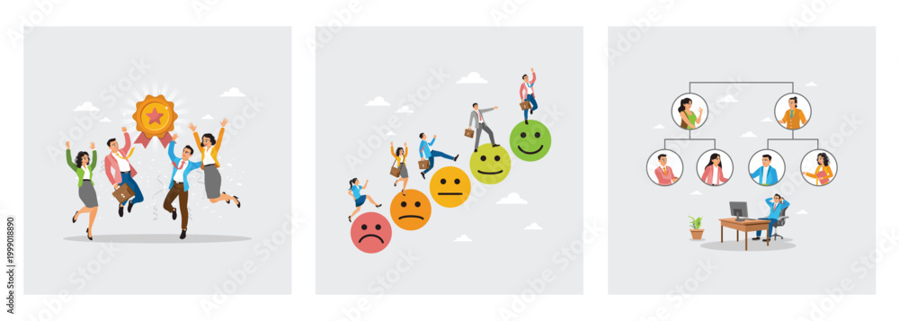 Fototapeta premium Celebration Around Medal Award. Climbing Colorful Emoji Steps. Hierarchy Diagram With Office Worker.