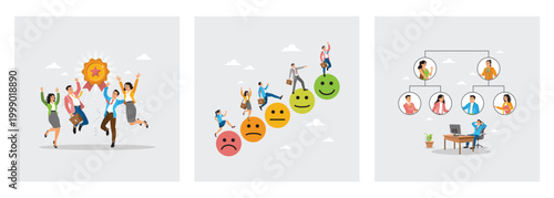 Celebration Around Medal Award. Climbing Colorful Emoji Steps. Hierarchy Diagram With Office Worker.