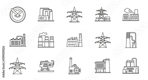 Collection of Industrial Factory and Power Line Icons.