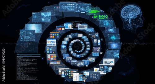 Abstract swirling digital spiral merging into a human brain silhouette, representing the vastness of information and artificial intelligence