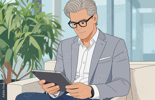 Middle aged businessman using tablet in modern office lounge