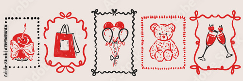 Celebration postage stamps with teddy bear and balloons in doodle sketch style. Hand drawn mail elements for birthday invitations, greeting cards and holiday stickers.